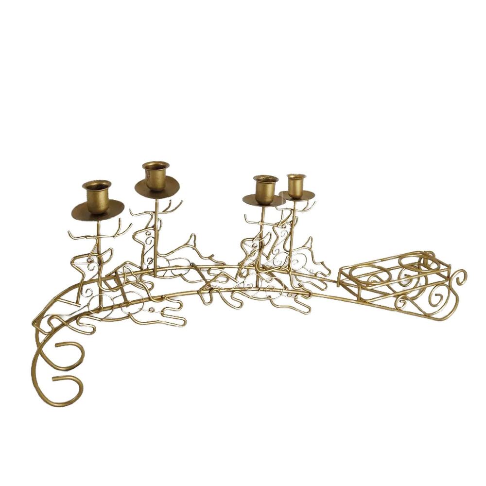 Vintage Macy's Gold Metal Wire‎ 26" Long Reindeer & Sleigh Mantle Candle Holder